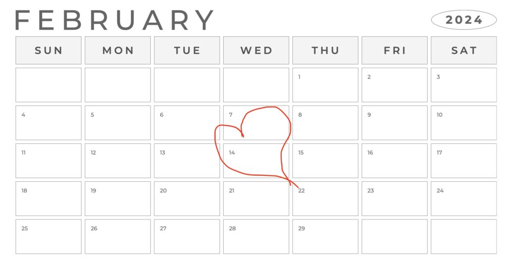  The calendar with the heart around Valentine's Day to encourage couples to choose a wedding date in Greenville South Carolina wedding venue